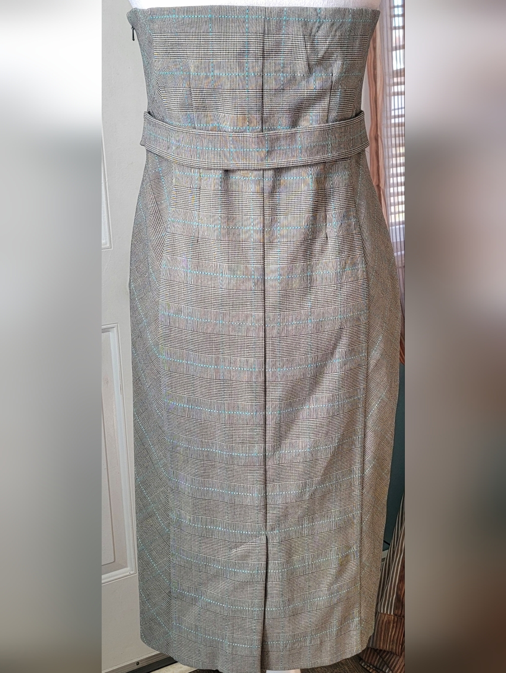 Anthropologie Floreat Doubly Adorned Plaid Strapless Midi Dress Womens 4 Grey Bl - Picture 4 of 14